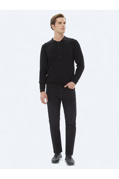Kip Pulover tricotat din amestec de bumbac Thessaloniki cu gât polo negru
