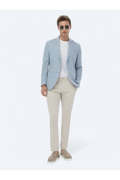 Kip Blue Micro Modern Fit Linen Blended Jacket