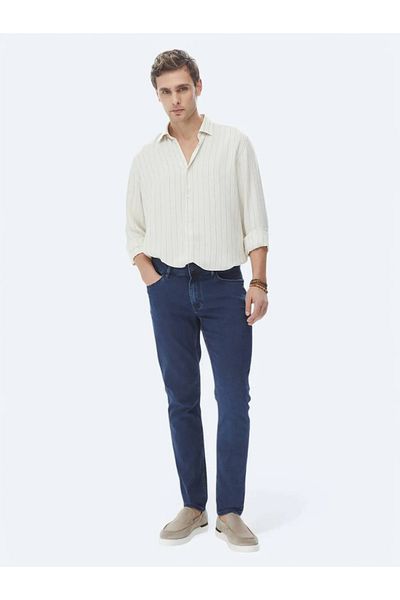Kip Navy Blue Slim Fit Denim-Cotton Blend Trousers