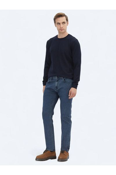 Kip Navy Blue Crew Neck Plain Knit Wool Blended Sweater