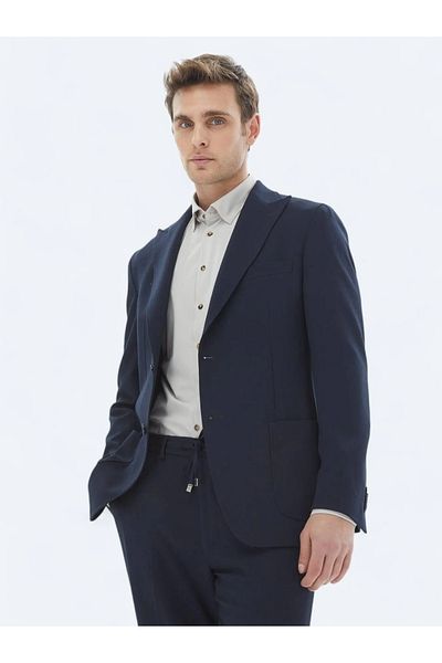 Kip Navy Blue Patterned Modern Fit Suit