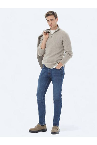 Kip Navy Blue Slim Fit Denim-Cotton Blend Trousers