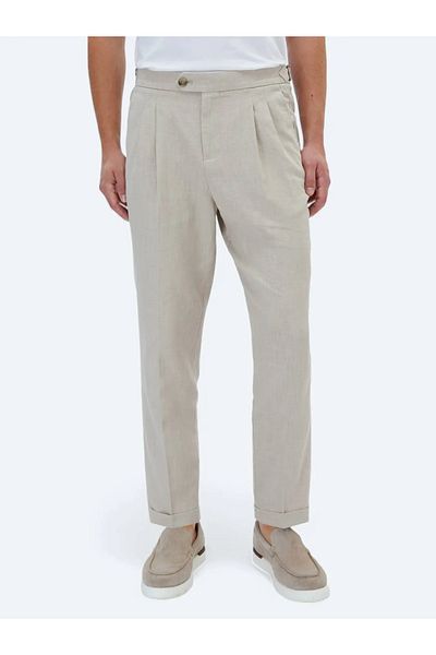 Kip Beige Woven Carrot Fit Casual Trousers
