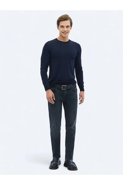 Kip Navy Blue Crew Neck Plain Knit Sweater
