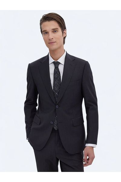 Kip Navy Blue Print Regular Fit Wool Blended Suit