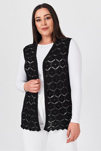 Uludağ Triko Women's Black Embroidered Mercerized Seasonal Knitwear Mother Vest