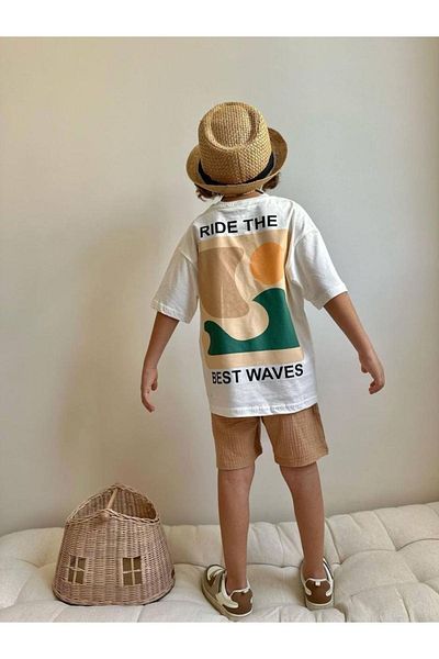 2kids2mom Back Print Detailed Bottom Fabric Muslin Fabric Boys' T-Shirt and Shorts Bottom Top Set
