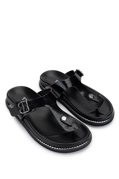Tamer Tanca Women's Genuine Leather Black Patent Leather Flip Flops