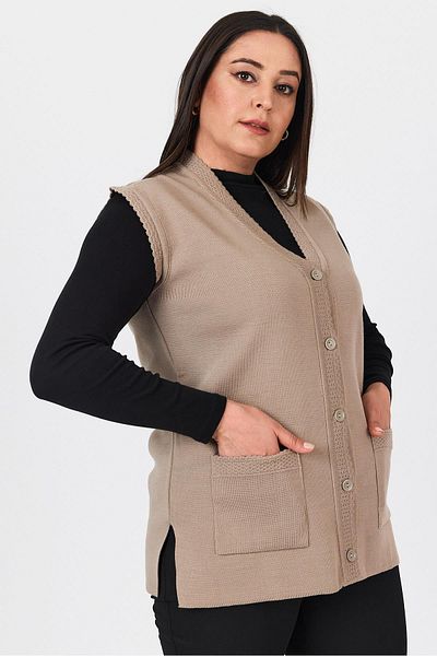 Uludağ Triko Women's Sand Buttoned Steel Knit Vest