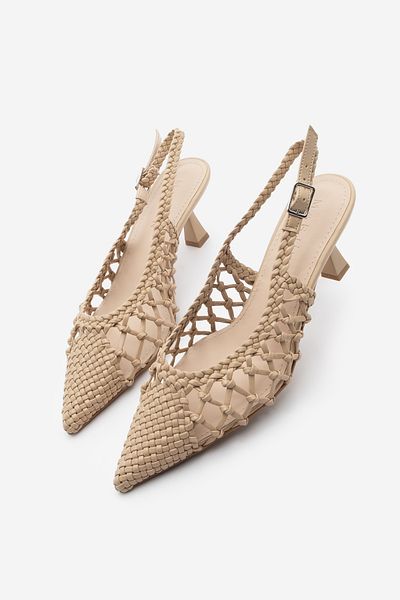 Marjin Women's Stiletto Pointed Toe Hand Braided Slingback Heeled Shoes Elvina Beige