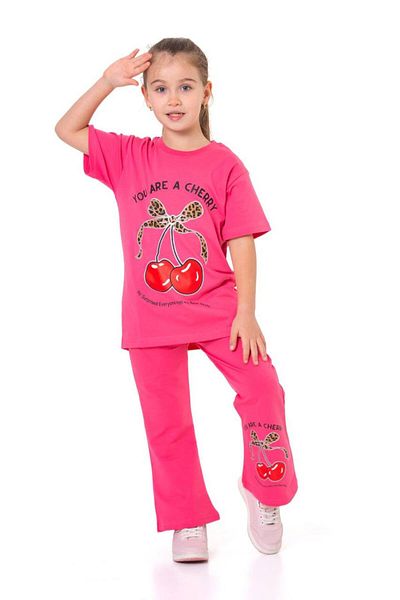 WİKİBOOM Cherry Printed Tracksuit Spanish Long Pocket Bottom Top Summer 2-Piece Girl's Set