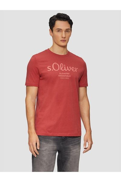 s.Oliver Men's T-shirt With Logo Print, Scoop Neck And Regular Fit Cut, Red, S