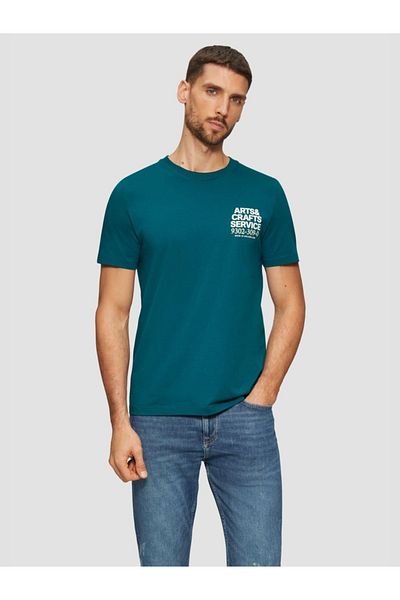 s.Oliver Tricou bărbătesc din bumbac cu imprimeu text, croială regulată, turcoaz, 3xl