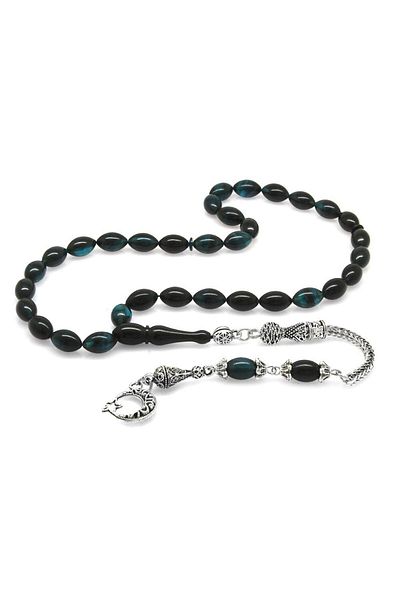 Tesbihane Ayyıldız Non-Tarnish Metal Tasseled Barley Cut Turquoise-Black Fire Amber Rosary
