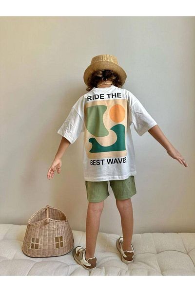 2kids2mom Back Print Detailed Bottom Fabric Muslin Fabric Boys' T-Shirt and Shorts Bottom Top Set
