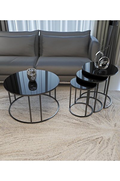 Puklife Ceylin 4lü Zigon Ve Orta Sehpa Seti Siyah Renk Metal Ayak Siyah Cam