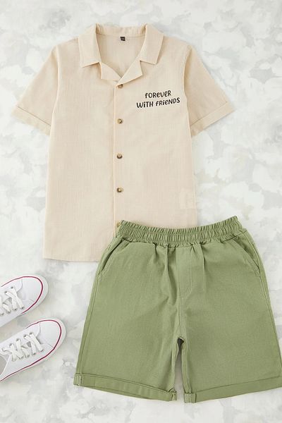 Pollito Boy's Forever with Friends Printed Linen Shirt Elastic Shorts Set of 2