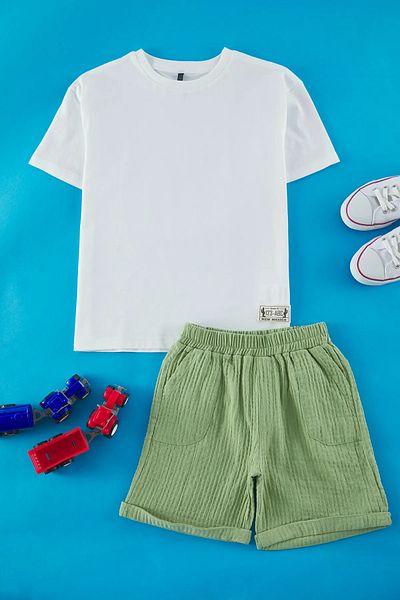 Pollito Boy's Labelled T-Shirt and Muslin Shorts Set of 2