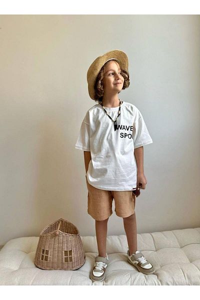 2kids2mom Back Print Detailed Bottom Fabric Muslin Fabric Boys' T-Shirt and Shorts Bottom Top Set
