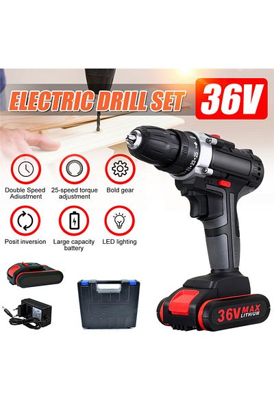 Lumely 36V Electric Cordless Impact Drill Set, With Double Speed Control, 1300mAh, For home, Black