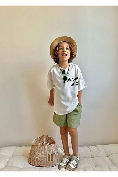 2kids2mom Back Print Detailed Bottom Fabric Muslin Fabric Boys' T-Shirt and Shorts Bottom Top Set