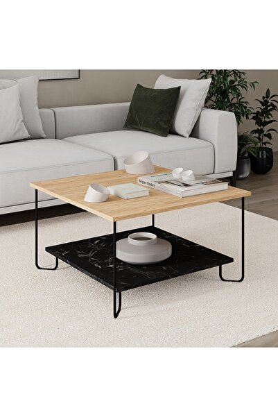 Mourah Home طاولة قهوة ماربو مودرن متعددة الأغراض من خشب البلوط واللوتس، ارتفاع 45 سم، لون خشب البلوط/الرخام الأسود