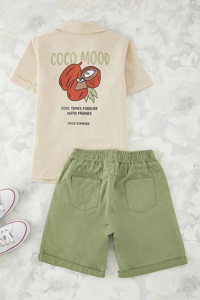 Pollito Boy's Forever with Friends Printed Linen Shirt Elastic Shorts Set of 2