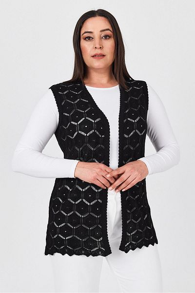 Uludağ Triko Women's Black Embroidered Mercerized Seasonal Knitwear Mother Vest