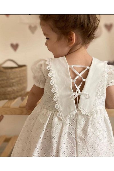 2kids2mom Girl's White Collar Lace Detailed Back Tie Short Sleeve Eid and Special Occasion Dress