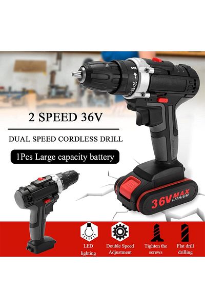 Lumely 36V Electric Cordless Impact Drill Set, With Double Speed Control, 1300mAh, For home, Black