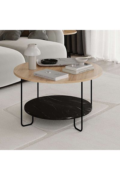 Mourah Home Corro Modern Coffee Table Oak Lotus Multipurpose H 45cm Oak/Marble Black