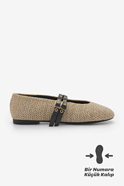 Marjin Beige Women's Ballerinas - Casual Straw Bekosa with Double Bands and Staples