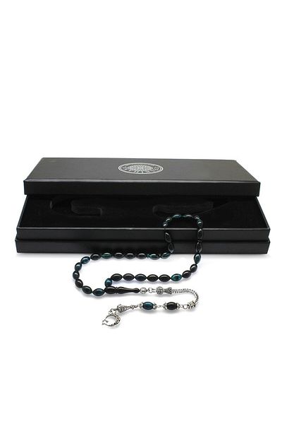 Tesbihane Ayyıldız Non-Tarnish Metal Tasseled Barley Cut Turquoise-Black Fire Amber Rosary