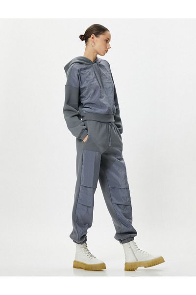 Koton Jogger Sweatpants with Parachute Fabric Detail, Comfortable Fit, Tie Waist Pocket
