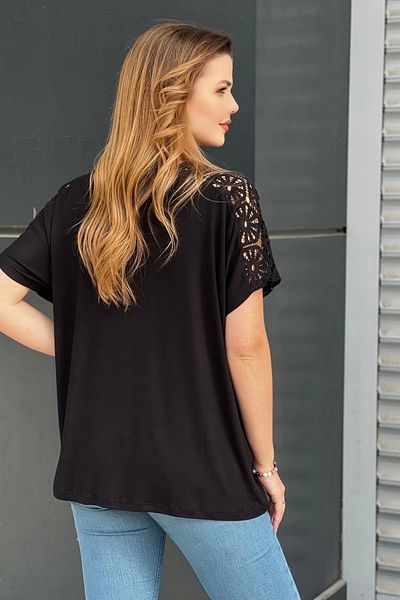 Bİ.GİYSEN Women's Black Large Size V-Neck Shoulder and Pocket Laced Lycra Blouse