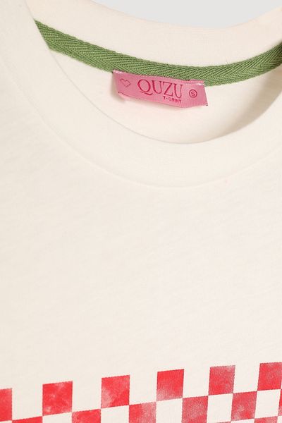 Quzu Colorful Checkered Short Sleeve T-Shirt Ecru