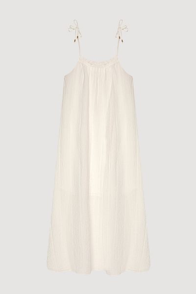 Quzu Seersucker Long Dress with Binding Rope Straps Ecru