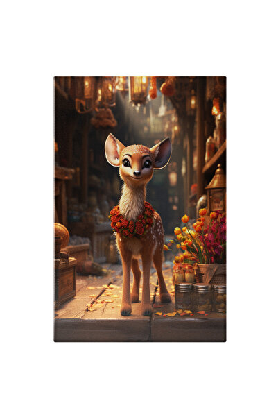 StoryGift Romania Tablou Canvas: Sweet Bambi Cu Un Colier De Trandafiri Rosii Si Chipul Sclipitor In Camera Cu F