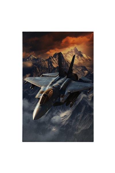 StoryGift Romania Tablou Canvas: Avion De Lupta Zburand Deasupra Muntilor - Apus Innorat Zapada Pictura Digitala