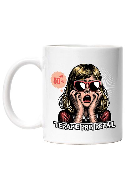 StoryGift Romania Cana Femeie Si Cumparaturi Terapie Prin Retail, 330ml, Ceramic Cu Maner Alb, Cu Maner,stg