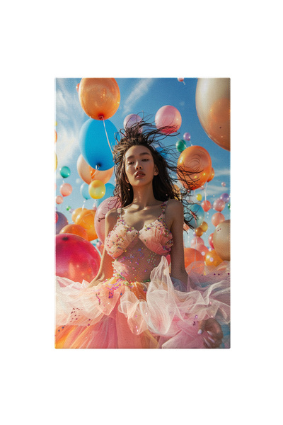 StoryGift Romania Tablou Canvas: Femeie Cu Rochie Tutu Roz Într-o Mare De Baloane - Asiatică Într-o Lume De Balo