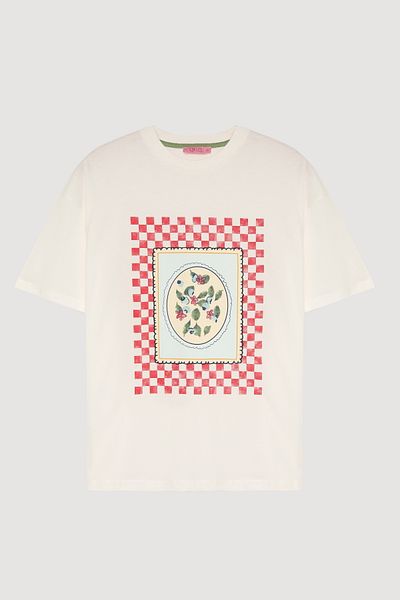 Quzu Colorful Checkered Short Sleeve T-Shirt Ecru