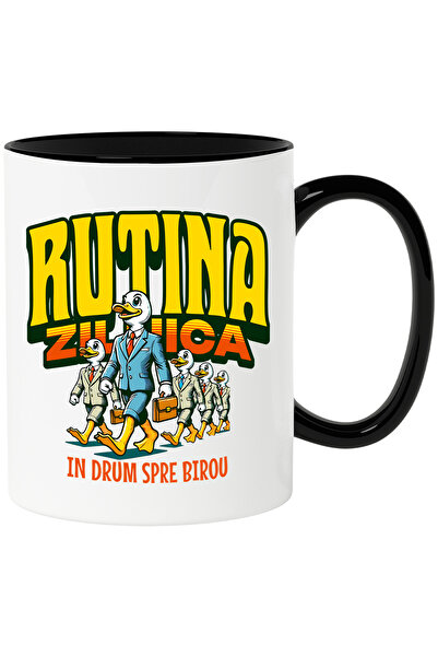 StoryGift Romania Cana Rutina Zilnica In Drum Spre Birou Rate, 330ml, Ceramica Cu Maner Negru, Cu Maner,stg