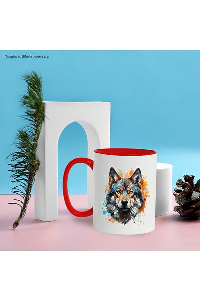 StoryGift Romania Wolf Head Mug, Animal, Polka Dots, Geometric, Mosaic, Multicolor 330 ml, Ceramics, With