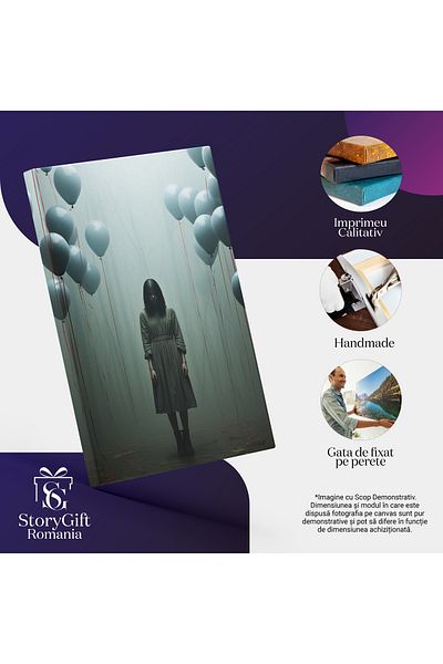 StoryGift Romania Tablou Canvas: Ilustratie Cu O Fata Palida - Baloane Albe Pictura Digitala