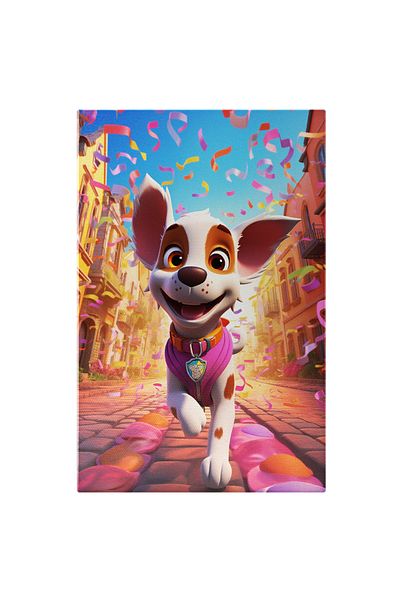 StoryGift Romania Tablou Canvas: Animații- Cățel Personaj Fetiță Cu Costum Roz Și Confeti-fotografie Animată Și
