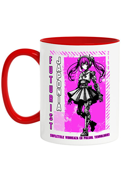 StoryGift Romania Cana Fata Cu Codite Robot Japonia Futurista, 330ml, Ceramic Cu Maner Rosu, Cu Maner R,stg
