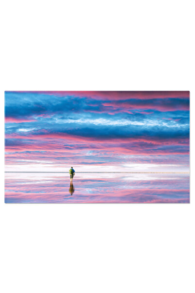 StoryGift Romania Tablou Canvas Turist Stand In Apa Linistita, Cer, Roz, Lac,...