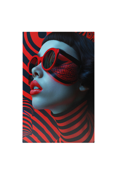 StoryGift Romania Tablou Canvas Bruneta Pierdută În Amețitorul Dans Hipnotic Al Culorilor Dungate Negru Și Roșu ,