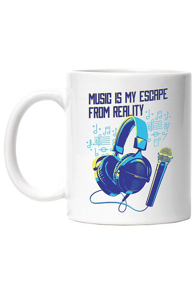 StoryGift Romania Music Is My Escape From Reality Mug, Microphone, Headphones, Multicolor 330 Ml, Sky, With